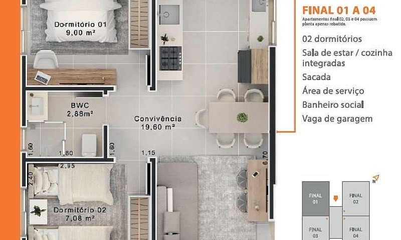Apartamento Com  2 D...